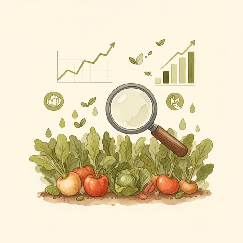 Il·lustració amb lupa sobre un hort i gràfics ascendents